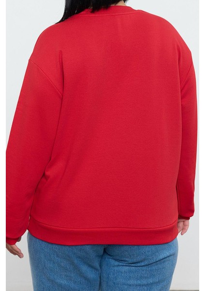 Büyük Beden Regular Bisiklet Yaka Standart Kol Uzun Baskı Detaylı Normal Fit Örme Sweatshirt