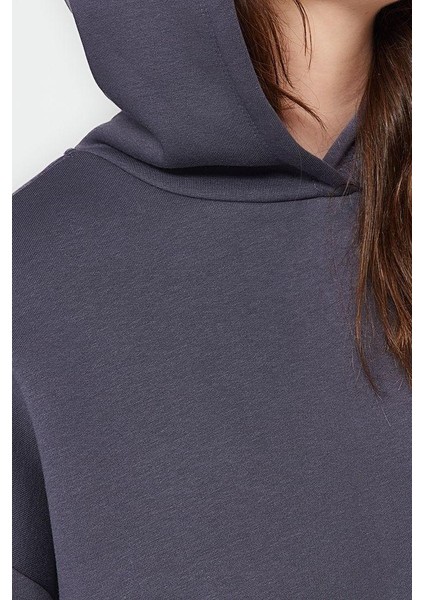 Büyük Beden Relaxed Kapüşonlu Düşük Kol Regular Slogan Detaylı Içi Polar Kalın Örme Sweatshirt