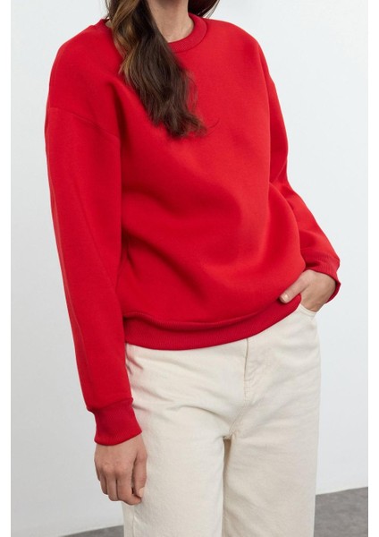 Regular Bisiklet Yaka Düşük Kol Regular Kalın Içi Polarlı Normal Kalıp Basic Örme Sweatshirt