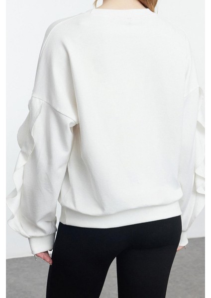 Tarz Relaxed Bisiklet Yaka Düşük Kol Uzun Kolları Fırfır Detaylı Rahat Kalıp Örme Sweatshirt