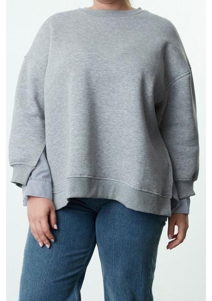 Büyük Beden Oversize Bisiklet Yaka Düşük Kol Gri Alttan Gömlek Çıkmalı Polar Örme Sweatshirt