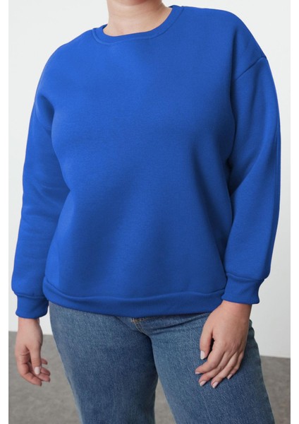 Büyük Beden Oversize Bisiklet Yaka Mavi Rahat Kesim Basic Kalın Polarlı Örme Sweatshirt