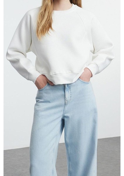 Tarz Regular Bisiklet Yaka Düşük Kol Regular Nervür Detaylı Normal Kalıp Örme Sweatshirt