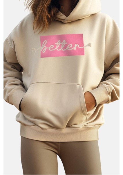 Tarz Bol Kapüşonlu Düşük Kol Uzun Kalın Içi Polarlı Nakışlı Geniş Kalıp Cepli Örme Sweatshirt