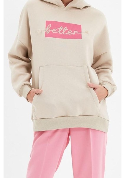 Tarz Bol Kapüşonlu Düşük Kol Uzun Kalın Içi Polarlı Nakışlı Geniş Kalıp Cepli Örme Sweatshirt fırsatları