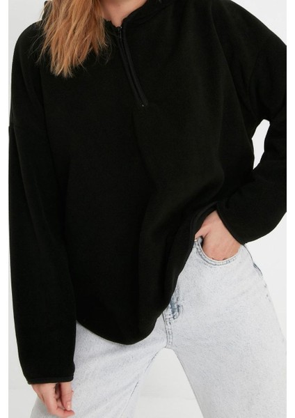 Tarz Bol Kapüşonlu Düşük Kol Uzun Kalın Polar ve Fermuarlı Geniş Kalıp Örme Sweatshirt