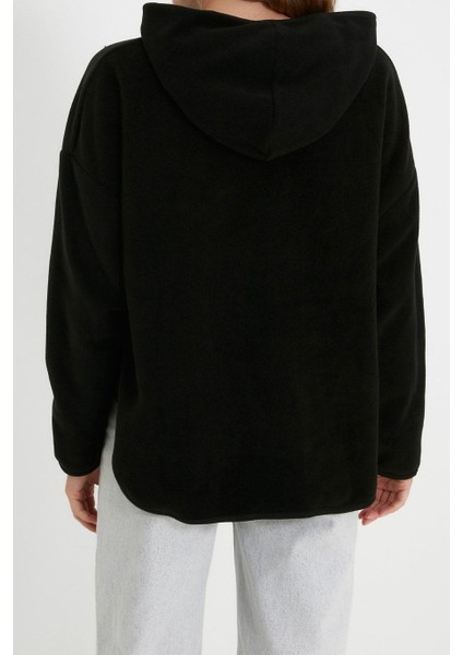 Tarz Bol Kapüşonlu Düşük Kol Uzun Kalın Polar ve Fermuarlı Geniş Kalıp Örme Sweatshirt