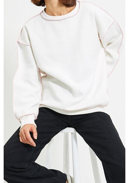 Bol Bisiklet Yaka Düşük Kol Uzun Normal Kalıp Karyoka Dikişli Kalın Polarlı Örme Sweatshirt