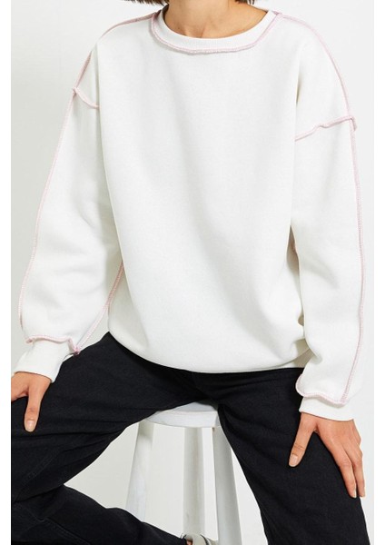 Bol Bisiklet Yaka Düşük Kol Uzun Normal Kalıp Karyoka Dikişli Kalın Polarlı Örme Sweatshirt