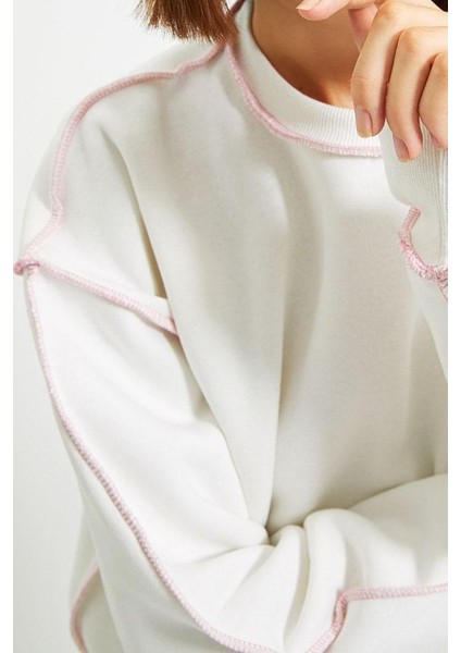 Bol Bisiklet Yaka Düşük Kol Uzun Normal Kalıp Karyoka Dikişli Kalın Polarlı Örme Sweatshirt