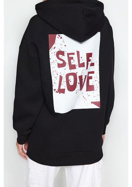 Oversize Kapüşonlu Düşük Kol Uzun Sırt Baskı Geniş Kalıp Kalın Içi Polarlı Örme Sweatshirt modelleri