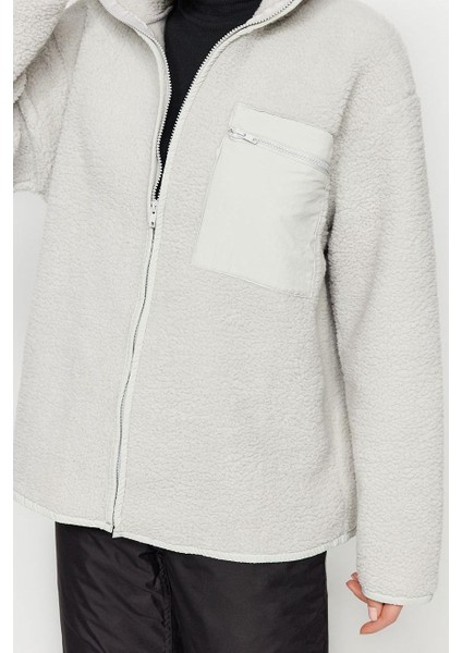 Tarz Oversize Dik Yaka Standart Kol Uzun Polar Fermuarlı Uzun Kol Cep Detaylı Örme Sweatshirt