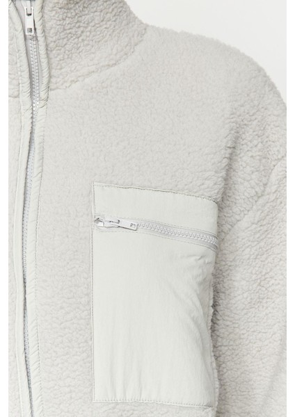 Tarz Oversize Dik Yaka Standart Kol Uzun Polar Fermuarlı Uzun Kol Cep Detaylı Örme Sweatshirt