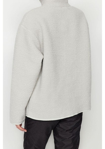 Tarz Oversize Dik Yaka Standart Kol Uzun Polar Fermuarlı Uzun Kol Cep Detaylı Örme Sweatshirt