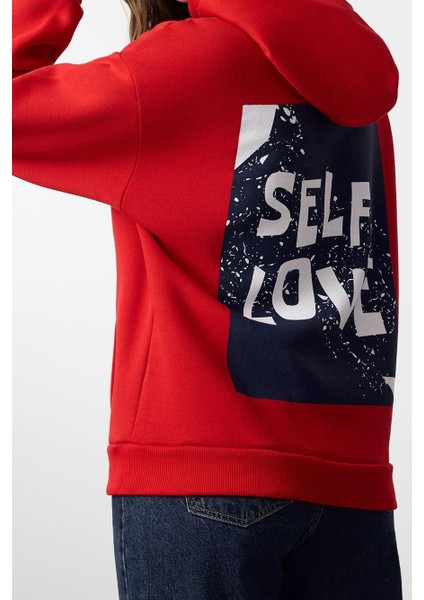 Oversize Kapüşonlu Düşük Kol Uzun Sırt Baskı Geniş Kalıp Kalın Içi Polarlı Örme Sweatshirt