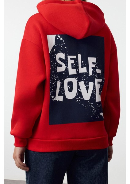 Oversize Kapüşonlu Düşük Kol Uzun Sırt Baskı Geniş Kalıp Kalın Içi Polarlı Örme Sweatshirt
