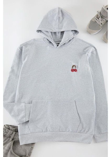 Unisex Oversize Kapüşonlu Standart Gri Geniş Kesim Uzun Kol Sıcak Tutan Baskılı Sweatshirt
