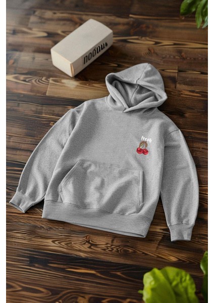 Unisex Oversize Kapüşonlu Standart Gri Geniş Kesim Uzun Kol Sıcak Tutan Baskılı Sweatshirt