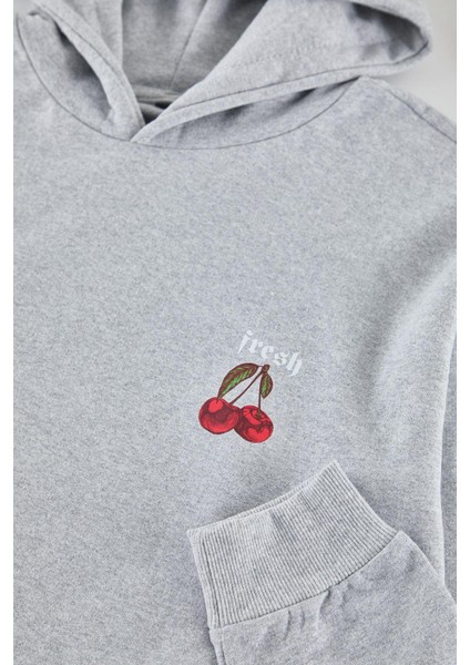 Unisex Oversize Kapüşonlu Standart Gri Geniş Kesim Uzun Kol Sıcak Tutan Baskılı Sweatshirt