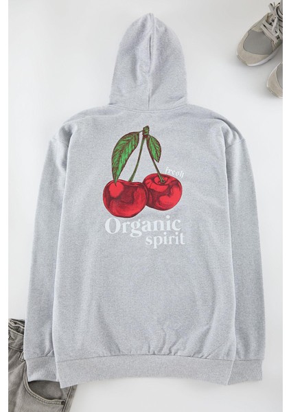 Unisex Oversize Kapüşonlu Standart Gri Geniş Kesim Uzun Kol Sıcak Tutan Baskılı Sweatshirt