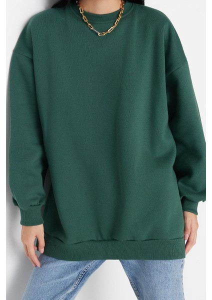 Oversize Bisiklet Yaka Düşük Kol Uzun Geniş Kalıp Yırtmaç Kalın Içi Polarlı Örme Sweatshirt