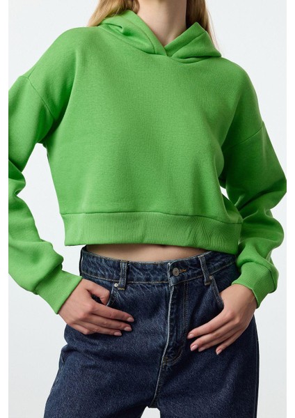 Tarz Relaxed Kapüşonlu Düşük Kol Crop Kalın Içi Polarlı Rahat Kesim Crop Örme Sweatshirt