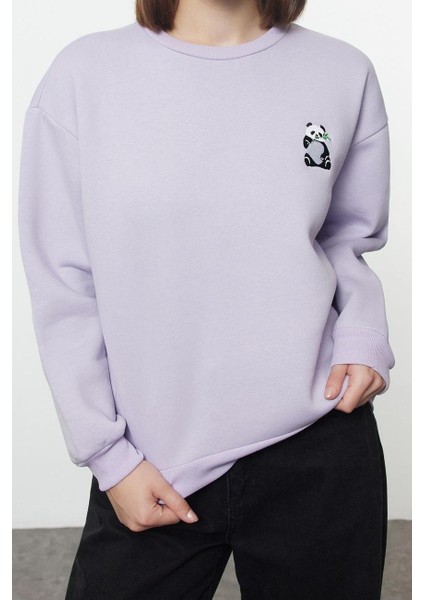 Bisiklet Yaka Standart Kol Animal Nakışlı Normal Kalıp Kalın Içi Polarlı Örme Sweatshirt