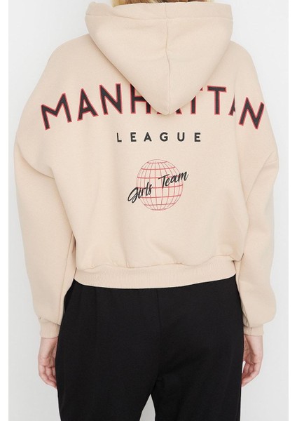 Tarz Relaxed Kapüşonlu Düşük Kol Crop Sırt Baskı Detaylı Kalın Içi Polarlı Örme Sweatshirt