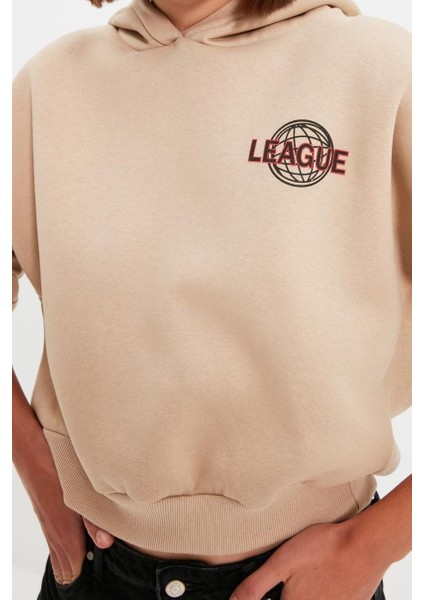 Tarz Relaxed Kapüşonlu Düşük Kol Crop Sırt Baskı Detaylı Kalın Içi Polarlı Örme Sweatshirt