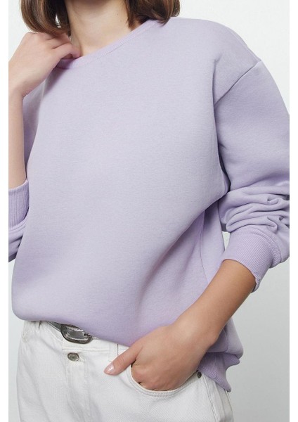 Regular Bisiklet Yaka Düşük Kol Regular Kalın Içi Polarlı Normal Kalıp Basic Örme Sweatshirt