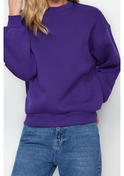 Regular Bisiklet Yaka Düşük Kol Regular Kalın Içi Polarlı Normal Kalıp Basic Örme Sweatshirt