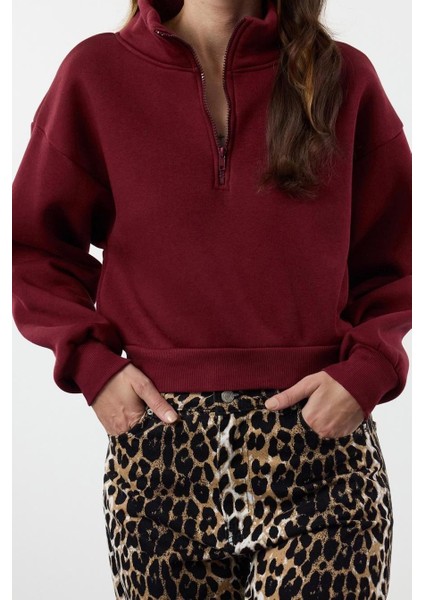 Fitted Fermuarlı Yaka Düşük Kol Crop Rahat Kesim Crop Fermuarlı Kalın Polarlı Örme Sweatshirt