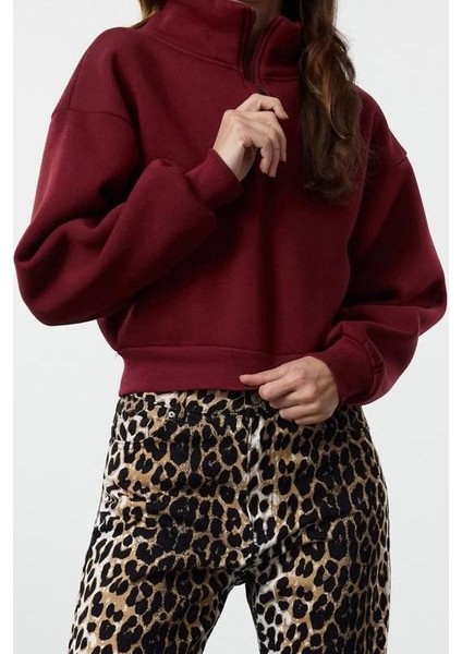 Fitted Fermuarlı Yaka Düşük Kol Crop Rahat Kesim Crop Fermuarlı Kalın Polarlı Örme Sweatshirt fiyatları