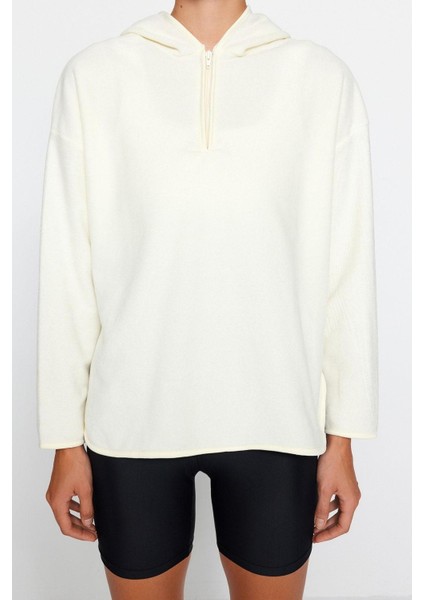 Tarz Bol Kapüşonlu Düşük Kol Uzun Kalın Polar ve Fermuarlı Geniş Kalıp Örme Sweatshirt