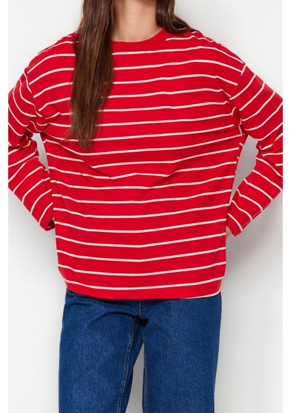 Tarz Oversize Bisiklet Yaka Düşük Kol Uzun Çizgili Geniş Kesim Ince Örme Sweatshirt
