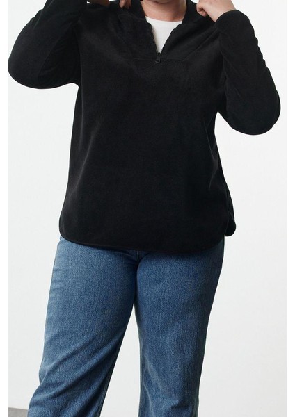 Büyük Beden Tarz Oversize Kapüşonlu Düşük Kol Regular Düşük Kol Örme Sweatshirt