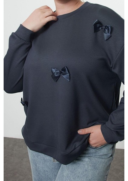 Büyük Beden Oversize Bisiklet Yaka Standart Kol Gri Kurdele Detaylı Tarzl Örme Sweatshirt