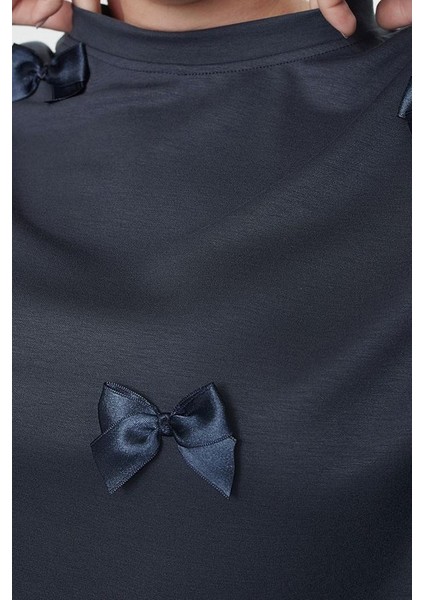 Büyük Beden Oversize Bisiklet Yaka Standart Kol Gri Kurdele Detaylı Tarzl Örme Sweatshirt fiyatları