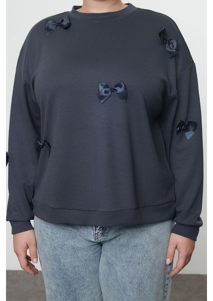 Büyük Beden Oversize Bisiklet Yaka Standart Kol Gri Kurdele Detaylı Tarzl Örme Sweatshirt modelleri