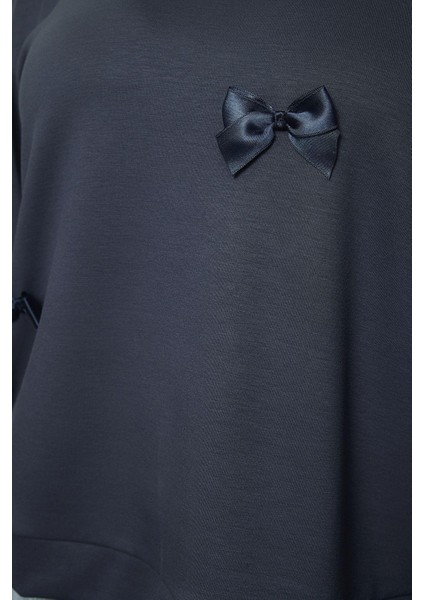 Büyük Beden Oversize Bisiklet Yaka Standart Kol Gri Kurdele Detaylı Tarzl Örme Sweatshirt fırsatları