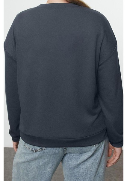 Büyük Beden Oversize Bisiklet Yaka Standart Kol Gri Kurdele Detaylı Tarzl Örme Sweatshirt indirimleri