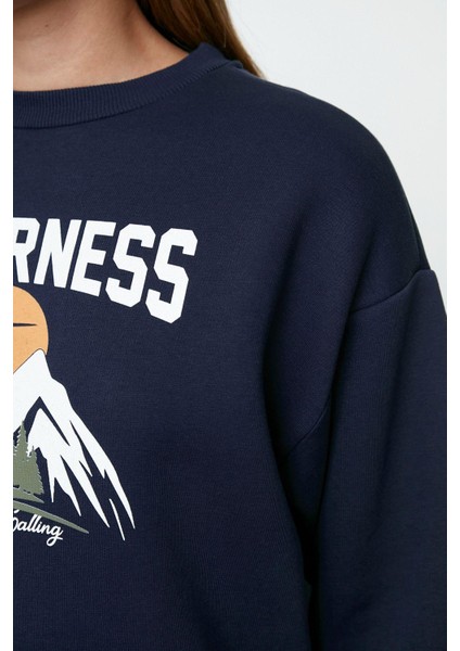 Regular Bisiklet Yaka Düşük Kol Regular Baskılı Kalın Içi Polarlı Rahat Kalıp Örme Sweatshirt modelleri