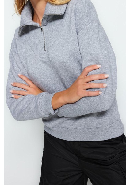 Tarz Bol Fermuarlı Yaka Düşük Kol Uzun Kalın Içi Polarlı Fermuarlı Geniş Kalıp Örme Sweatshirt