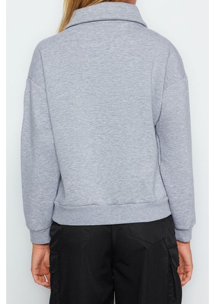 Tarz Bol Fermuarlı Yaka Düşük Kol Uzun Kalın Içi Polarlı Fermuarlı Geniş Kalıp Örme Sweatshirt