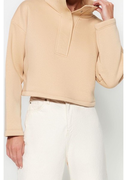 Crop Dik Yaka Standart Kol Crop Rahat Kesim Crop Çıtçıtlı Kalın Içi Polarlı Örme Sweatshirt