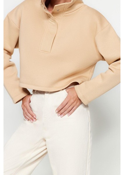 Crop Dik Yaka Standart Kol Crop Rahat Kesim Crop Çıtçıtlı Kalın Içi Polarlı Örme Sweatshirt