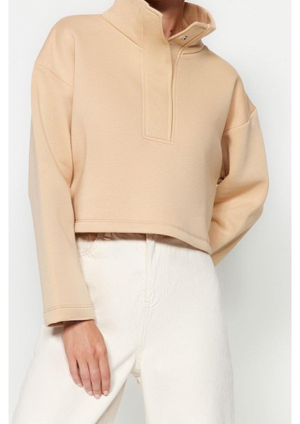 Crop Dik Yaka Standart Kol Crop Rahat Kesim Crop Çıtçıtlı Kalın Içi Polarlı Örme Sweatshirt