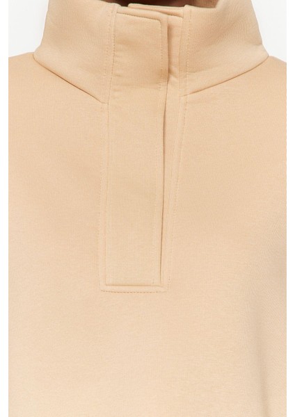 Crop Dik Yaka Standart Kol Crop Rahat Kesim Crop Çıtçıtlı Kalın Içi Polarlı Örme Sweatshirt