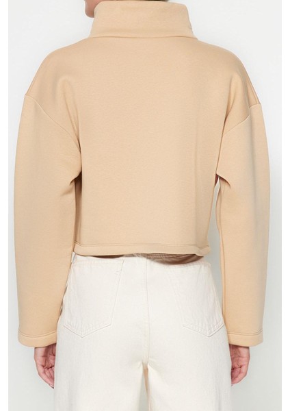 Crop Dik Yaka Standart Kol Crop Rahat Kesim Crop Çıtçıtlı Kalın Içi Polarlı Örme Sweatshirt