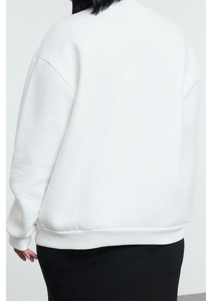 Büyük Beden Dik Yaka Düşük Kol Kalın Içi Polarlı Nakış Detaylı Normal Kalıp Örme Sweatshirt